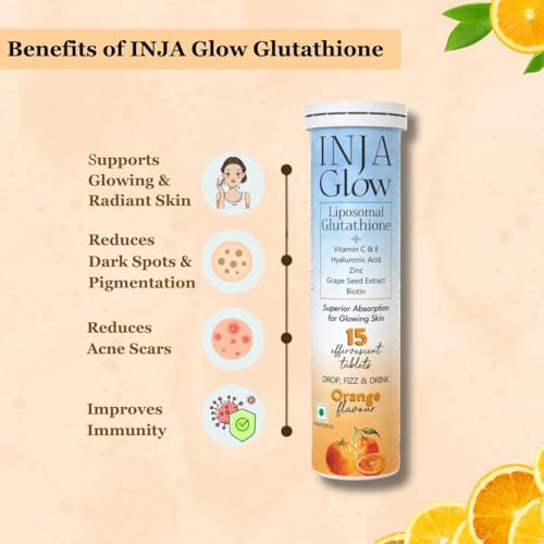 Image of INJA Glow Liposomal Glutathione with Vitamin C & E, Hyaluronic Acid, Zinc, Biotin & Grape Seed Extract, Reduces Dark Spots, Enhances Skin Glow & Collagen, Orange Flavour, 15 Tablets (Pack of 4)