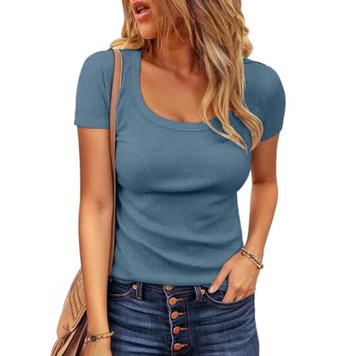 VICHYIE Womens Summer Short Sleeve Tops Square Neck Loose Tunics Henley Casual Shirt Tee Tshirt X-Large Blue