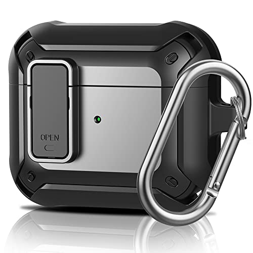 Senbos Hülle Kompatibel mit AirPods 3 Case und Schutzhülle für AirPods 3rd Generation 2021 mit Schlüsselbund, Secure Lock Clip Ganzkörper-Stoßfeste Hartschalen-Schutzhülle, LED Sichtbar - Schwarz Cover