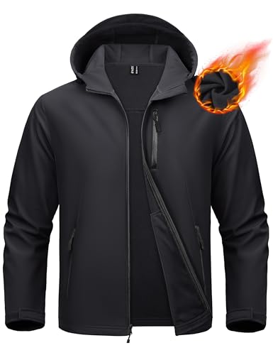 MAGCOMSEN Waterproof Jacket for Men Softshell Fleece Lined Hooded Windproof Lightweight Tactical Outdoor Raincoat for Hiking Black 2XL