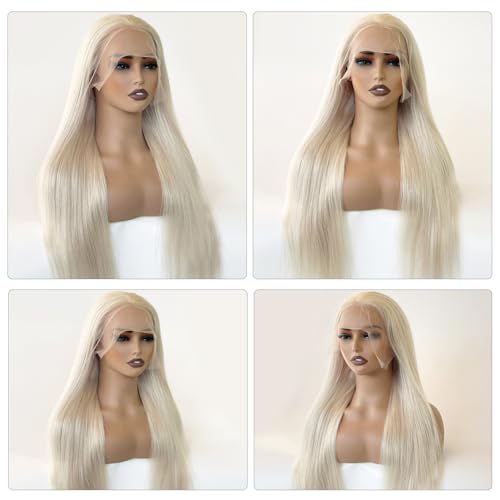 Image of 26 Inch Platinum Blonde Lace Front Wig Human Hair 13x6 HD Transparent Lace Frontal Pre Plucked 180% Density Wear and Go Glueless Wigs 6 Inch Deep Parting Brazilian Real Remy White Blonde Wig for Women