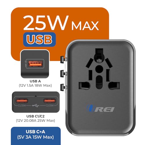 Image of Orei 25Watt Universal Charger Adapter | 2X USBC 1XUSB A - 4-in-1 International Travel Adapter | Universal Travel Adapter Compatible 150+ Countries | Type C, A, G, I Compatible, Black