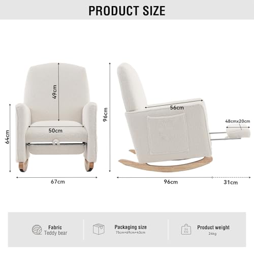 Fauteuil à Bascule avec Repose-Pieds, Chaise à Bascule avec Accoudoirs et Poches Latérales, Rocking Chair avec Pieds en Bois Massif, Charge maximale : 110 kg, Convient au Bureau, Lire, Blanc – Image 4