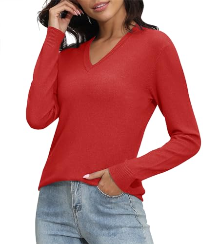 Image of EXCHIC Women's Long Sleeve V-Neck Casual Sweaters Fall Classic Soft Knit Top 2026 Fit Basic Pullover Tops