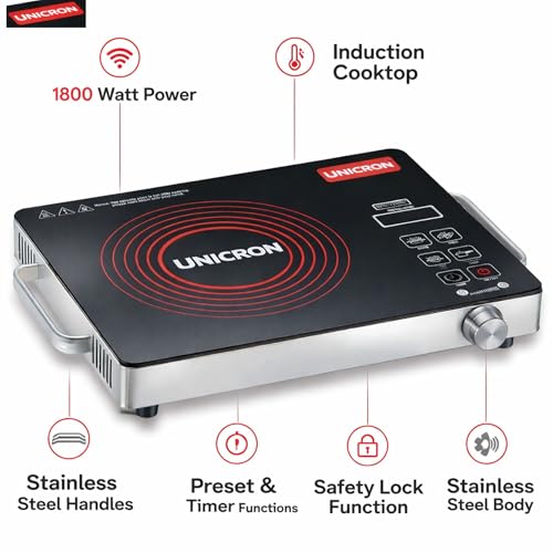 Image of UNICRON PIRC 1.0 2000 Watts Infrared Cooktop | Preset Indian Menu Options & Timer | Compatible With Any Metal Cookware With Flat Bottom | Easy to clean | Portable | Golden