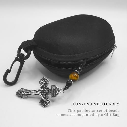 Volcanic stone rosary beads catholic for men,Rosary Necklace for men with medal & cross,Handmade black stone Beads St.Benedict Rosary Cross Necklace Catholic Gifts4