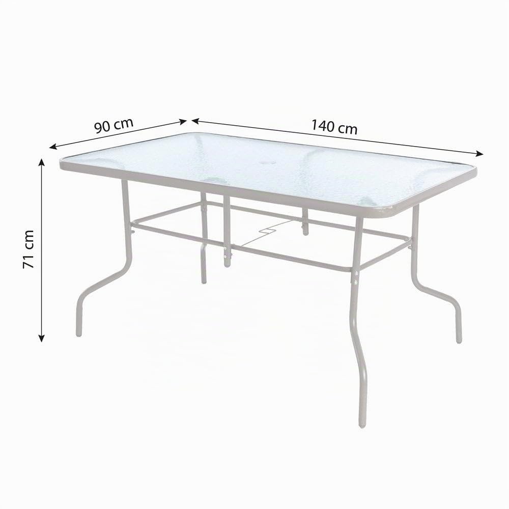 MONTY Mesa de Jardín Rectangular 140x90 cm de Acero Arena con Tablero de Cristal Templado 5mm | Pintura Anticorrosión, Uso Exterior | para 4 Personas | Requiere Montaje | Classic