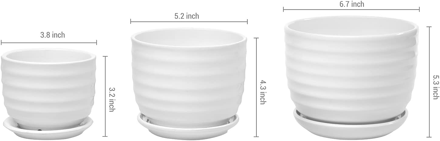 MyGift Small to Medium Round Modern Ribbed White Ceramic Garden Flower Planter Pots with Attached Saucers and Drainage Hole - 5.3 inch 4.3 inch 3.2 inch, Set of 3 : Patio, Lawn & Garden
