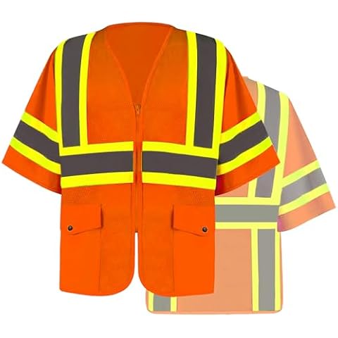 JHPAZUJA High Visibility Safety Work Vest for Men, Mesh Safety Vest with Pockets, Dual-tone Reflective Strips (Orange, 4XL) Cover