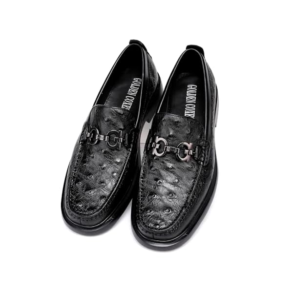 Luxury Men's Genuine Leather Dress Shoes Classic Fashion Ostrich Patterned Business Shoes Party Buckle Penny Loafer for Men, Black - Image 8