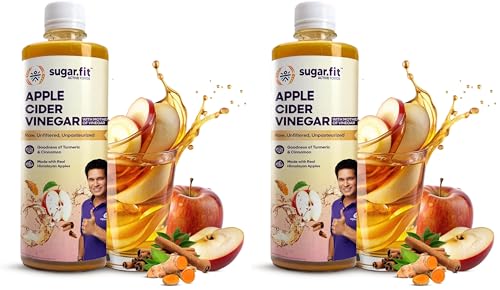 Image of Sugar.fit Apple Cider Vinegar with The Mother raw, unfiltered & unpasteurised ACV Infused with Turmeric & Cinnamon, helps boost immunity, digestion, manage weight, reduce bloating, supports healthy skin and hair - 500ml (Pack of 2)