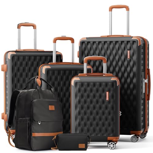Image of Melalenia Suitcase Sets 6 Piece Hard Shell Carry on Luggage with Spinner Wheels and TSA Lock, Lightweight Travel Backpack for Women, Men, Black Brown