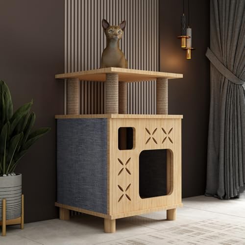 キャットタワー 木製 キャットネスト 通気 夏冬兼用 猫家具 収納簡単 多頭飼い ストレス解消 省スペース 組み立て簡単 多機能 猫用ハウス 爪とぎ つめとぎ 猫 安定性良い おしゃれ (40*40*61CM-A)