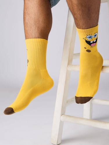 Image of The Souled Store SpongeBob: SquarePants Socks | Premium Cotton Blend Crew Length Printed Unisex Footwear | Funky Yellow Character Design Casual Accessories - Free Size