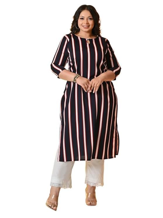 prettyplus by desinoor.com Plus Size Stripped Kurta for Women | Kurti-picture-35