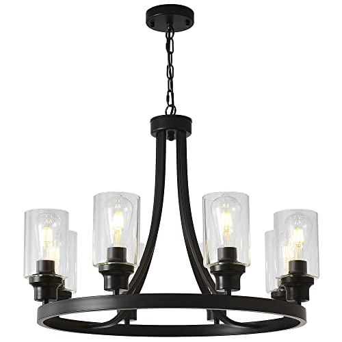 Black Chandelier 8 Lights Kitchen Island Lighting Industrial Chandelier with Clear Glass Shade Farmhouse Pendant Light for Dining Room Living Room Bedroom