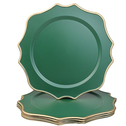Omuriko Green Chargers for Dinner Plates, 13 Inch Scalloped Plastic Decorative Table Charger Service Plates Set of 6 for Wedding, Holiday, Thanksgivng, Christmas Omuriko Green Chargers for Dinner Plates, 13 Inch Scalloped Plastic Decorative Table Charger Service Plates Set of 6 for Wedding, Holiday, Thanksgivng, Christmas