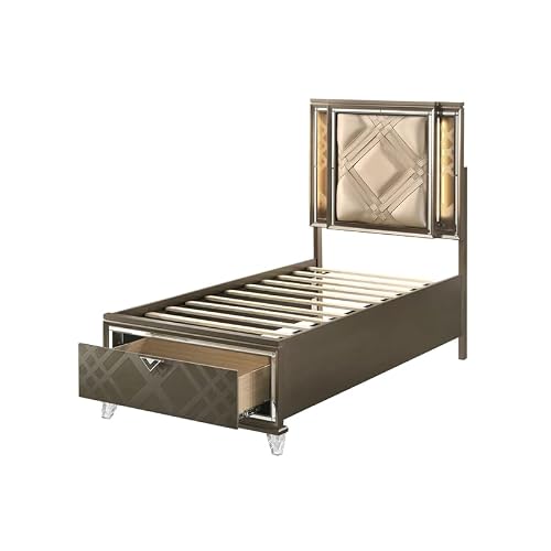 Acme Furniture Skylar Twin Bed W/Storage In Led, Pu & Dark Champagne #TOP2