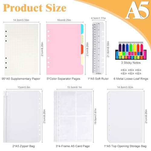 Vicloon Nachfüllbare Notizpapier Set, 115pcs 6 Löcher Ringbuch Nachfüllbar A5 Nachfüllpapier Kariert, Loseblatt Papier Set mit Trennblätter, Haftnotizen Bunt, Umschlägbeutel, Lineal, Metallringe
