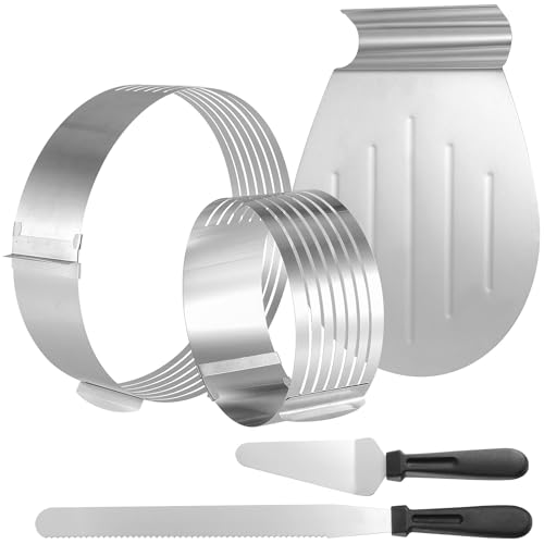 ZEONHEI Set of 5 Adjustable Cake Cutter Leveller Kit 15-20cm / 25-30cm, Stainless Steel Layer Cake Ring Slicer Set with Serrated Knife, Cake Lifter and Cake Server, 7 Layer Cake Making Supply Slicer