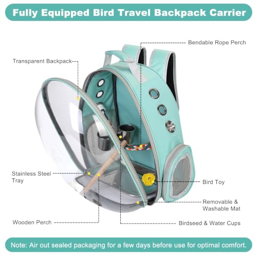 Image of Bird Travel Carrier, Bird Backpack Cage with Rope & Wood Perches Tray Food Bowl, Portable Clear Bubble Window Breathable Mesh Bag for Small Medium Parrots Cockatiel Parakeet Budgies Conures Lovebirds