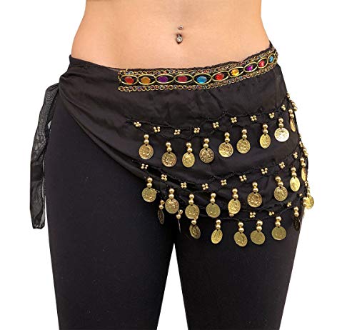 Lenço Para Dança Do Ventre De Quadril Com Pedras e Moedas (Preto)