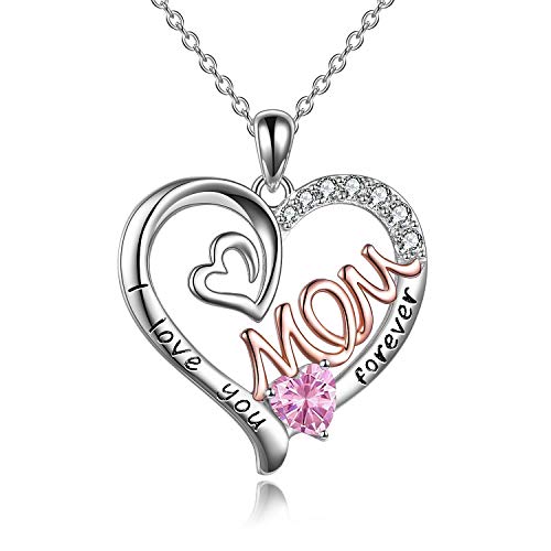 POTOPYY Christmas Mom Gift, Mom Necklace S925 Sterling Silver Heart CZ Pink Stone Love Mum Pendant October Birthstone Jewelry for Women Mother Gifts