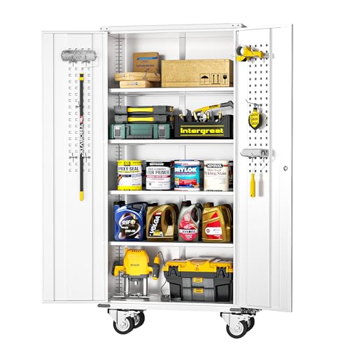 Image of INTERGREAT Rolling Metal Cabinet with Wheels,72 inch Locking Storage Cabinet with Adjustable Shelves,Large Capacity Pulley Cabinets for Home Office,School,Garage(White)
