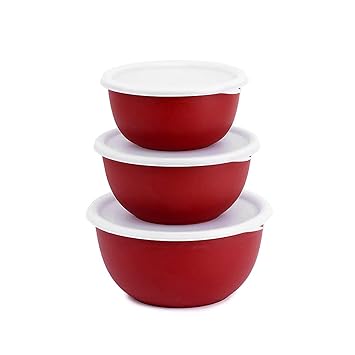 Microwave Safe Stainless Steel Bowl with Lid/Kitchen Food Storage Containers, Tiffin Box/Lunch Box for Office (Red-Plain-3Pcs)