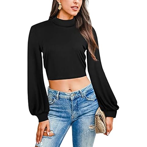 Hibluco Women's Casual Long Sleeve Solid Crop Top Mock Neck Slim Fitted Cropped Shirts Cover