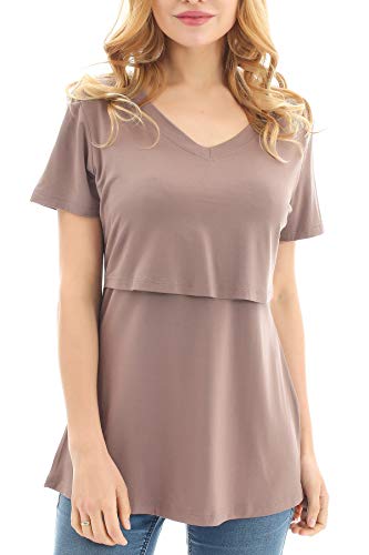 Bearsland Womens 3 Packs V Neck Nursing Tops Maternity Breastfeeding Tee Shirts,Black+Armygreen+Brown,M #TOP2