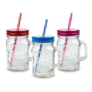 Pack of 3 Mason Jars with Handles, 500 ml Durable Drinking Glasses with Lids, Straws – Perfect for Cold Beverages Including Juices and Smoothies – Ergonomic and Comes in Attractive Hues and Designs