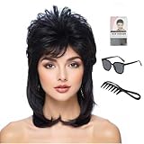ByouByou 80s Mullet Wig for Women Fluffy and Layered Hairpiece for Perfect for Costume Parties and Cosplayg (Black)