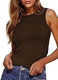 Zeagoo Summer Tops for Women 2025 Ribbed Tank Tops High Neck Sleeveless Shirts Casual Basic Ruched Tops Brown