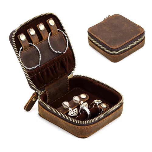 Estojo de Joias de Viagem CONTACTS em Couro Legítimo com Zíper Duplo, Caixa Pequena Organizador de Joias para Anéis, Colares, Brincos e Relógios – Caixa de Armazenamento de Luxo (Marrom)
