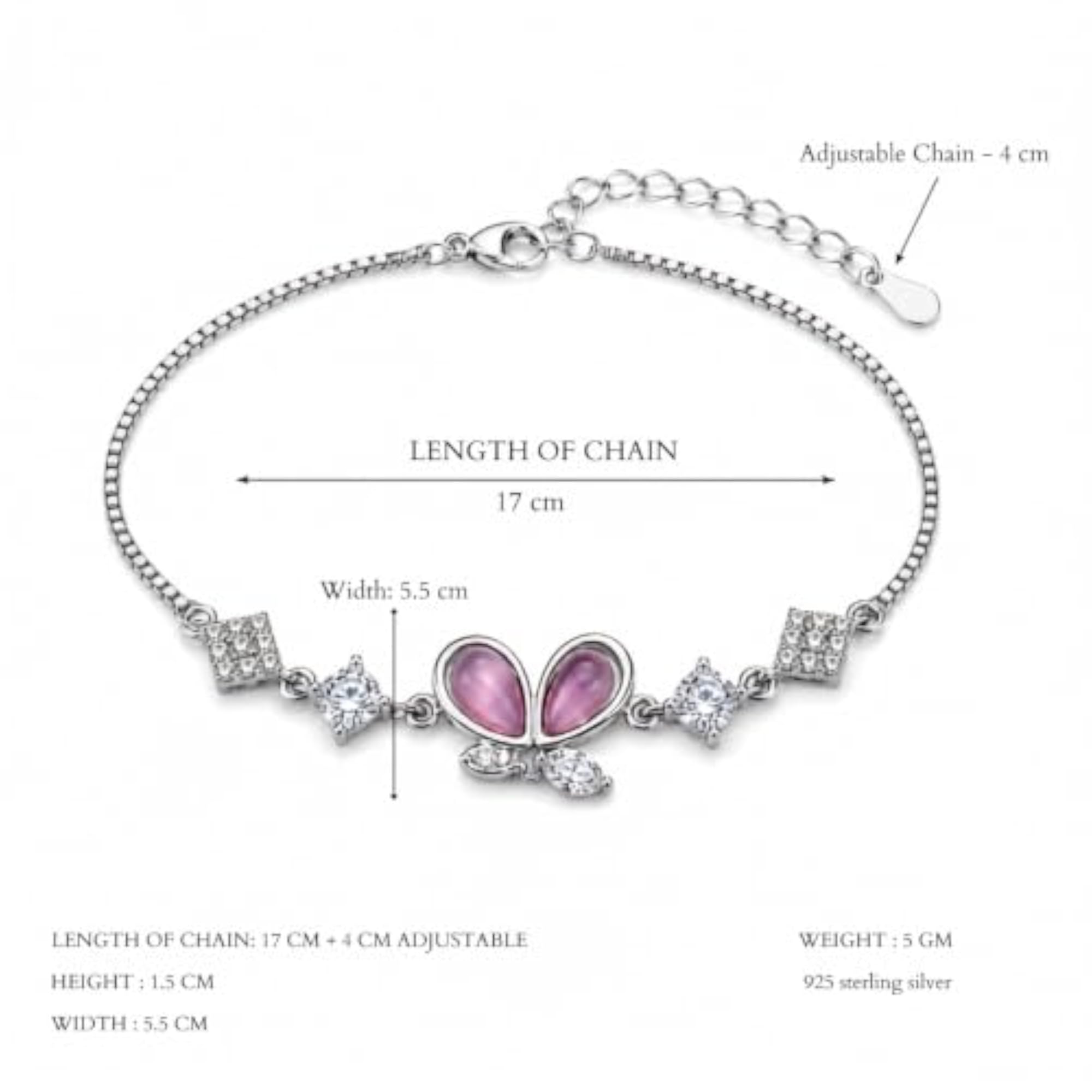Women's 925 Sterling Silver Butterfly Bracelet, Adjustable Box Chain