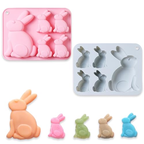 2 moldes de silicona de conejo de Pascua, moldes de silicona para hornear de conejo de 5 cavidades, para hacer pasteles, gelatina, pastel de mousse, pudín, galletas, Oreos, jabón, mini pasteles y