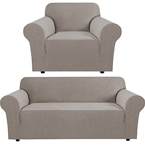 H.VERSAILTEX H.VERSAILTEX Stretch Sofa Covers (Sofa 72"-96": Taupe) for 3 Cushion Couch Bundle Stretch Chair Slipcover (Armchair 32"-48", Taupe) Small Checks Jacquard Soft Thick, Removable and Washable