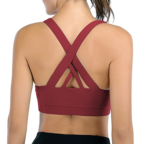 Image of Sports Bras for Women High Impact Support for Yoga Gym Running Workout Fitness Strappy Sports Bra with Padded Removable Cups, Wine Red, Small