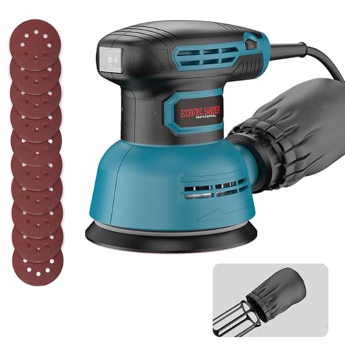 Ponceuse excentrique 300 W, 125 mm, 6 niveaux (5 000 à 12 000 tr/min) avec collecteur de poussière et 10 papiers abrasifs pour bois, métal et carrelage