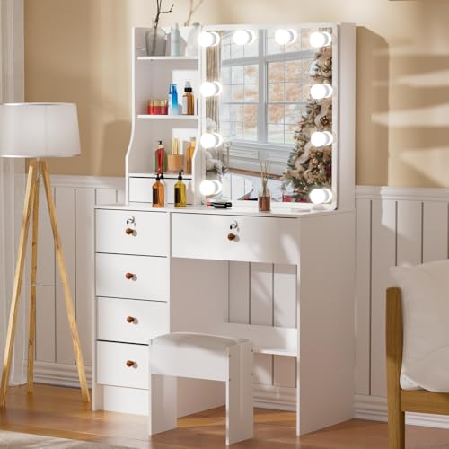 Vanity Set with Mirror and Lights, Vanity Table with Stool, Lighted Mirror 10 Dimmable Bulbs, 6 Drawers, Makeup Vanity Desk for Girls, White Bedroom Dressing Table