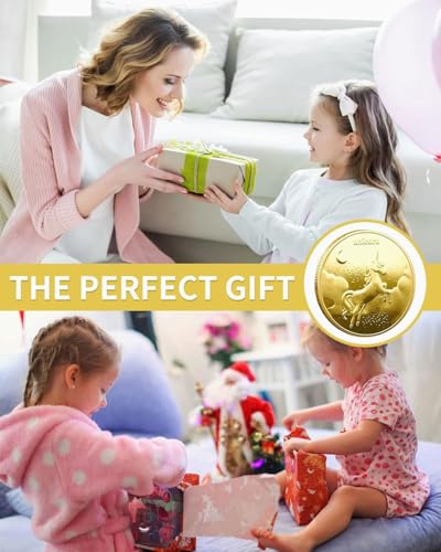 LEEQBCR Zahnfee Münzen, 2 PCS Zahnfee Geschenk mit Mustern Zahnfee Goldtaler Zahnfee Münze Gold, Goldmünzen Kinder Junge 2 Laubzähne Verlorenen Souvenir, Einhorn-Stil, geeignet für Mädchen