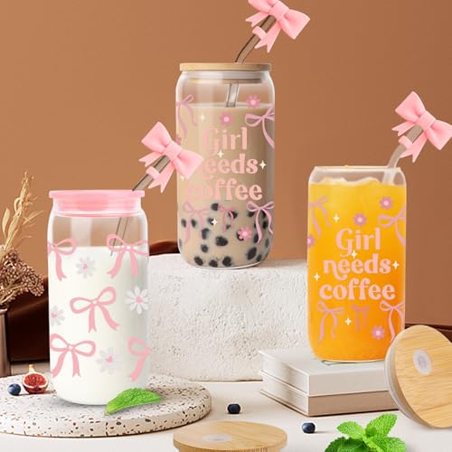 16oz Pink Bow Glass Tumbler with Lid and Straw - Aesthetic Mason Jar for Iced Coffee, Matcha, Juice, Smoothie - Cute Coquette Glass Mug for Girls, Women, Friends, Daily and Party Use (Coffee Girl Cup) - Image 4