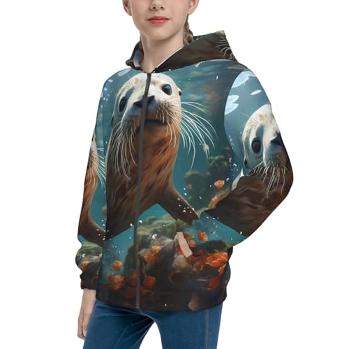 Seal pup in water Print Girls Athletic Zip Up Hoodies,Sweatshirts with Pockets Long Sleeve Hooded Jackets, for 7-18 Y