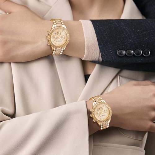 FANMIS Luxury Unisex Pave Floating Crystal Diamonds Calendar Analog Quartz Watch Luminous Pointer with Stainless Steel Link Bracelet