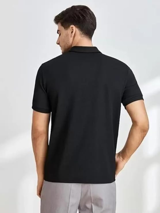 Image of Solid Polo T-Shirt Zip Collar Cotton Blend Half Sleeves for Men's