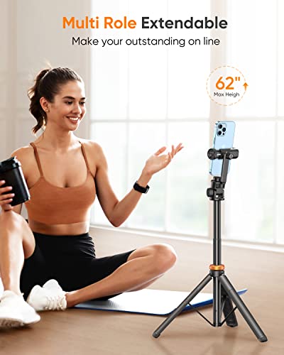 Newest 62" Phone Tripod, Eucos Selfie Stick Tripod With Remote, Upgraded Iphone Tripod Stand & Travel Tripod, Solidest Cell Phone Tripod Compatible With Iphone 14/13/12 Pro Max/Samsung/Gopro/Dji #TOP3
