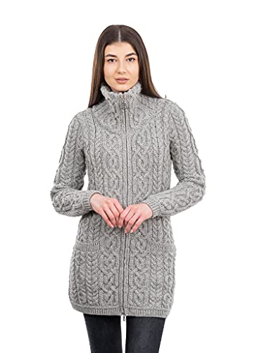 SAOL Ladies Irish Aran Zip Cardigan - 100% Merino Wool Ireland Coat with Pockets and Raised Collar2
