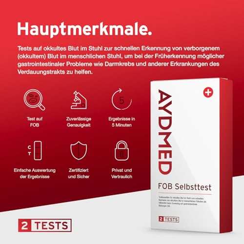 2 x AYDMED Tests auf okkultes Blut im Stuhl | FOB-Testkit für den Selbsttest zu Hause | Stuhlscreening auf gastrointestinale Blutungen | FIT-Test auf Darmkrebs | Ergebnisse in 5 Minuten