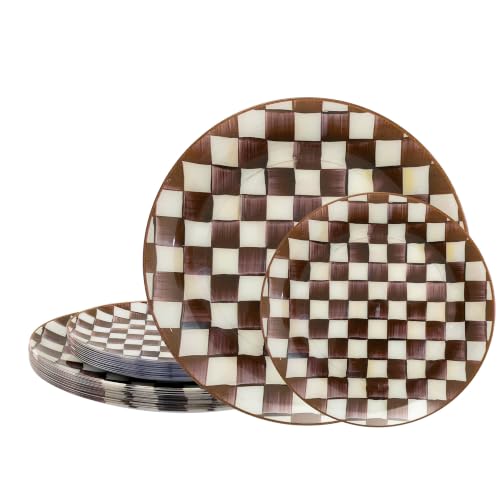 U-QE 20PCS Dark Brown Plastic Plates for Party - Retro Checkered Plates